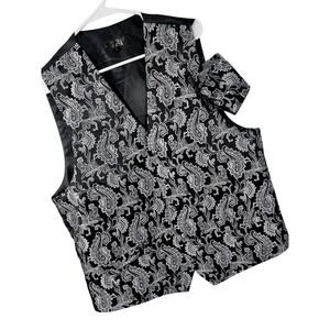 STUNNING BLACK AND SILVER PAISLEY PATTERNED FORMAL VEST & HANDKERCHIEF! SZ L